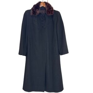 Vintage 1940s Union Made Black Wool Coat with Real Fur Collar Women's